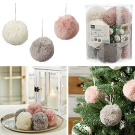12 Fluffy pluche kerstballen in nepbont in pastelkleuren: grijs, roze en beige Ø9cm