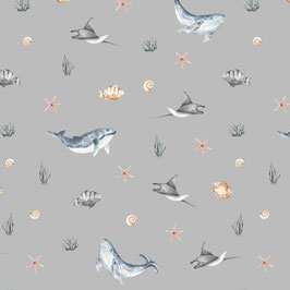 FRENCH TERRY DIGITAL SEA CREATURES - LIGHT GREY