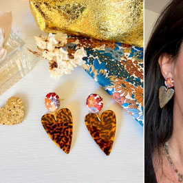 Boucles d'oreilles "Alicia" - Liberty Margaret Annie et un pendant coeur couleur caramel tacheté- oreilles percées