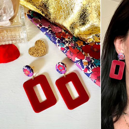 Boucles d'oreilles "Anna" - Liberty Meadow Song et un pendant couleur bordeaux en résine- oreilles percées