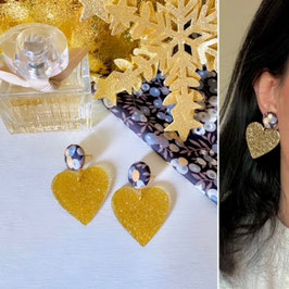 Boucles d'oreilles "Bruna" - tissu Liberty Wiltshire et un pendant coeur doré pailleté- oreilles percées
