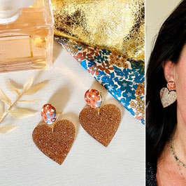 Boucles d'oreilles "Ambre" - Liberty Margaret Annie et un pendant coeur couleur noisette pailleté - oreilles percées