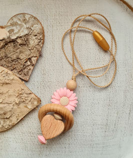 Stillkette Blume & Ring rosa/naturholz mit Herz 57cm