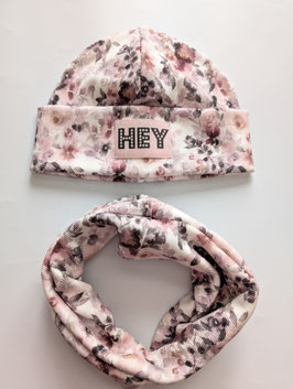 Set Hipster Beanie & Loop HEY Flowers lila/weiss/glitzerrosa KU 48-53cm ca. 2-6 Jahre