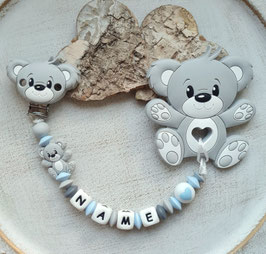 Beisskette Teddybär grau/hellblau