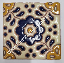 Azulejo Talavera  Realzado Modelo Hacienda Azul/Amarillo Pintado a Mano.