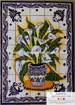 Los Alcatraces Pintado y Horneado en Azulejo Artesanal tipo Tlalavera Realzado de 10.5x10.5 MODELO - 210