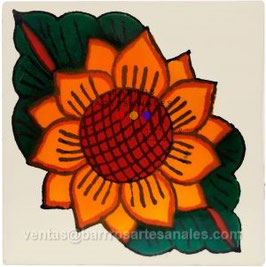 Girasol  fondo Blanco Mexicano| Azulejo Artesanal Mayólica Endurecido Pintado a Mano Tipo Talavera