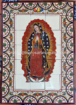 Virgen de Guadalupe Pintada y Horneada en Azulejo Artesanal tipo Tlalavera Realzado de 10.5x10.5