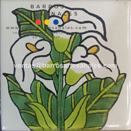 Alcatráz Ramillete fondo Blanco Mexicano | Azulejo Artesanal Mayólica Endurecido Pintado a Mano Tipo Talavera