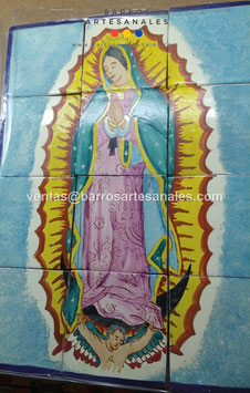 Virgen de Guadalupe Pintada y Horneada en Azulejo Artesanal tipo Tlalavera  sin realces de 10.5x10.5 MODELO FC - 041