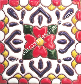 Azulejo Talavera  Realzado Modelo Lluvia Rojo Pintado a Mano.