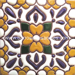 Azulejo Talavera  Realzado Modelo Lluvia Mostaza Pintado a Mano.