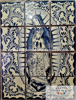 Virgen de Guadalupe Pintada y Horneada en Azulejo Artesanal tipo Tlalavera  sin realces de 10.5x10.5 MODELO FA - 044
