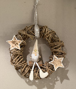 Adventskranz mit Wichtel beige auf Holz Nr. 1