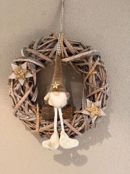 Adventskranz mit Wichtel beige auf Holz