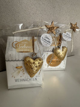 Geschenkset Früchtetee "Frohe Weihnachten" mit Holzherz gold in zwei Variationen