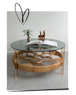 Vintage Space Age salontafel, gevlochten lectuudrager/rookglas blad