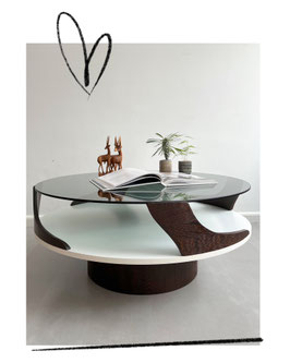 Vintage Space Age salontafel wengé, rookglas blad