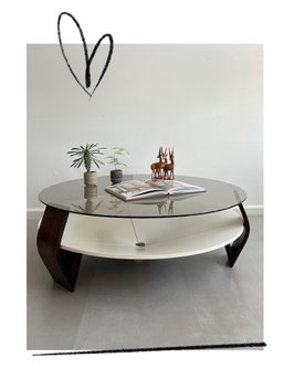 Vintage Space Age salontafel wengé, rookglas blad