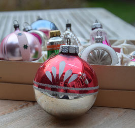 Kerstbal zilver/rood, glitter (7399)