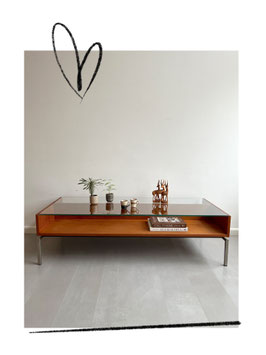 Vintage teakhouten salontafel, glazen blad, jaren 60