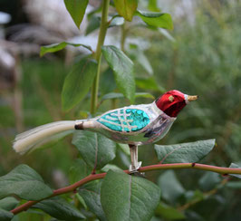 Vogel op knijper zilver/groen/rood, glitter (7796)