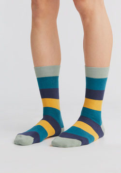 Albero Natur Socken, Streifen frostgrün-petrol-Indigo-senfgelb