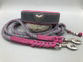 Lederhalsband Grau/Pink mit passender Tau-Leine *SALE*