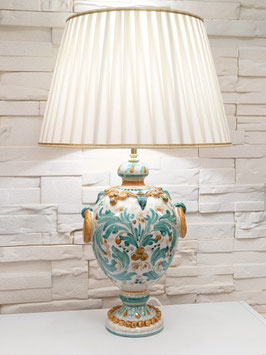 Lume h.65 cm Anelli in Ceramica di Caltagirone decoro Verde e Arancio con Paralume Plissettato