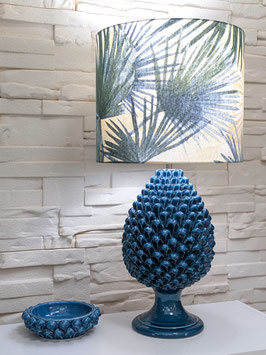 Lume Pigna h.60 cm Blu Antico in Ceramica di Caltagirone con Paralume Cilindro Palma