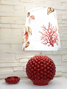 Lume Sfera Pigna h.55 cm in Ceramica di Caltagirone Rossa con Paralume Corallo