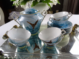 13teiliges Set Chinoserie-Teeset Goldmontour Handarbeit handbemalt Vögel Frankreich Vintage (L)