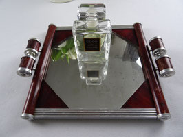 Art Deco Tablett Quadratisch Holzapplikationen Holzgriffe Alurand Spiegelglas Vintage Frankreich (81L)