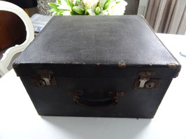 Hutkoffer quadratisch Ledergriff Leinen Antik Vintage Frankreich (D)