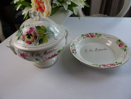 Set Soupiere Hochzeit Unterteller Obstteller A la Mariee handbemalt 1900 Frankreich Vintage (L)