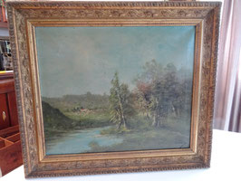 Großes Art Nouveau-Gemälde, Teich mit Bäumen im Seerosen-Rahmen (D)