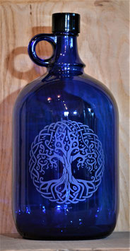 Bouteille en verre bleu cobalt 2 L gravée avec Arbre de vie