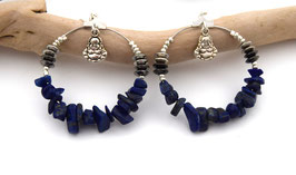 Hoops bouddha pierre naturelle lapis lazuli - Boucles d'oreilles boho anneau argent - Créoles en pierre semi précieuses