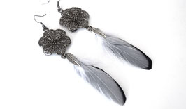 Boucles d'oreilles plumes Kachina - Ethnic Feather - plumes naturelles blanches et noires