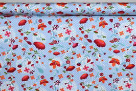Blumen, grafisch, rot/hellblau, gepunktet, Jersey