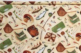 Anglerzubehör und Fische, beige/grün, Timeless Treasures, PW