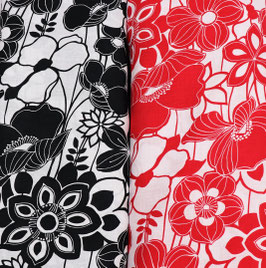 Leinen, grafische Blumen im skandinavischen Stil, rot/weiß und schwarz/weiß