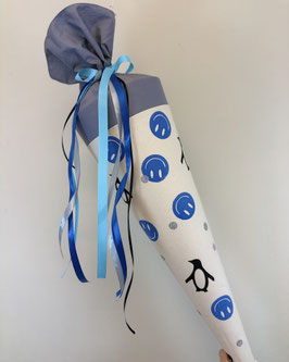 Schultüte Smiley & Pinguin (grau/schwarz/blau mit silberglitzer)