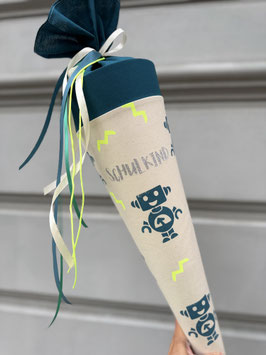 Schultüte Roboter/Zacken (Petrol dunkel/petrol/neongelb) - Glitzerschrift "Schulkind" mittig silber