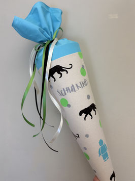 Schultüte Leopard/Spielzeugmännchen (türkis hell/schwarz/neongrün) - Glitzerschrift Schulkind mittig silber
