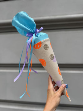 Schultüte Smiley/Dots 35cm (türkis hell/neonorange/flieder/Glitzersmileys gold)