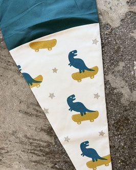 Schultüte Dino auf Skateboard (petrol dunkel/senf/Sterne goldglitzer)