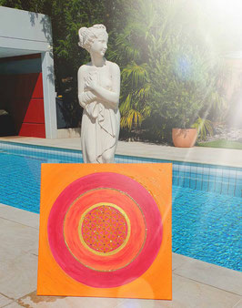Acryl Energiebild Blume des Lebens Orange - Magenta - Gold 80 x 80cm