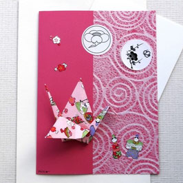 Grande carte double grue sur fond framboise